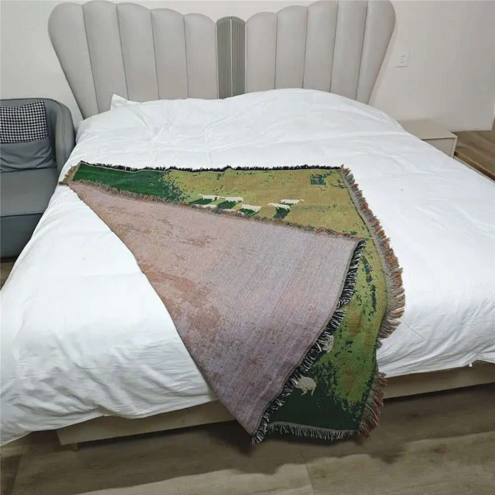 Woven Throw Blanket with Sheep Pattern – Soft Microfiber-Cotton Blend, Tassel Trim, Cozy Decor for Sofa and Bed 5